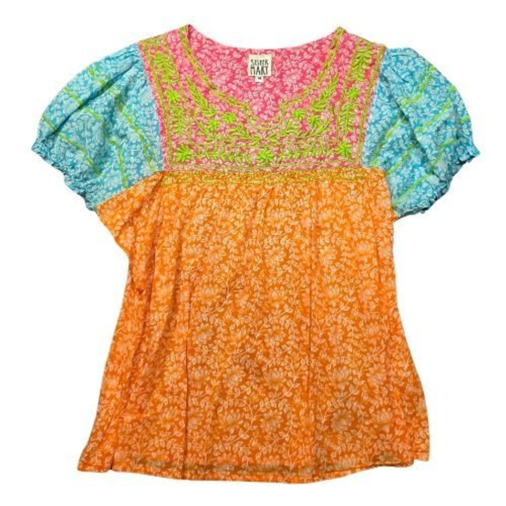 Size Med Embroidered Floral Peasant Top Pink Orange Blue Colorblock Puff Sleeve